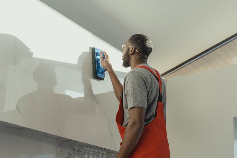 A cleaner in red overalls wiping down a kitchen wall