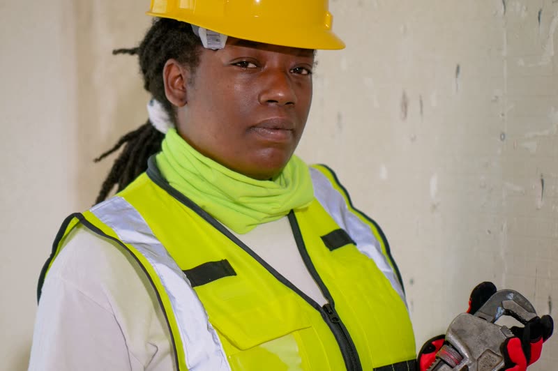 A plumber in a hard hat and hi-vis holding a pipe wrench